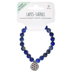 Bracelet Lapis-lazuli perles rondes 8 mm et breloque Fleur de vie