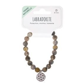 Bracelet Labradorite perles rondes 8 mm et breloque Fleur de vie