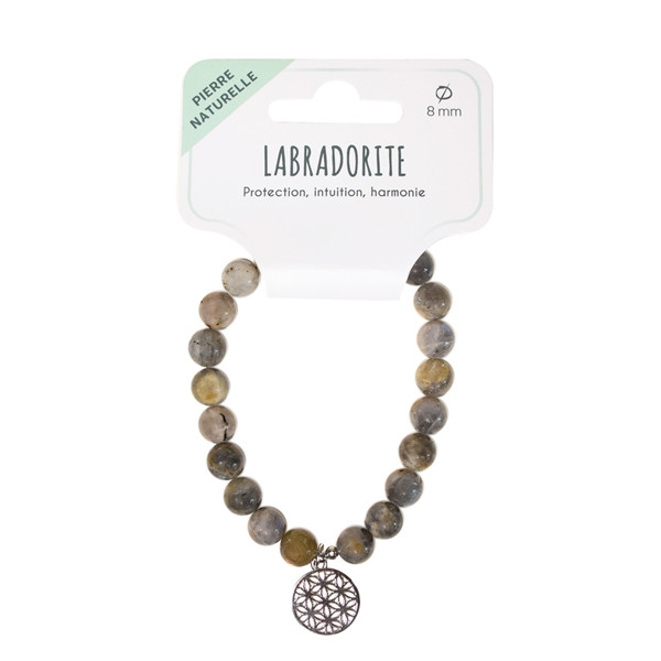 Bracelet Labradorite perles rondes 8 mm et breloque Fleur de vie