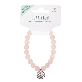 Bracelet Quartz rose perles rondes 8 mm et breloque Fleur de vie