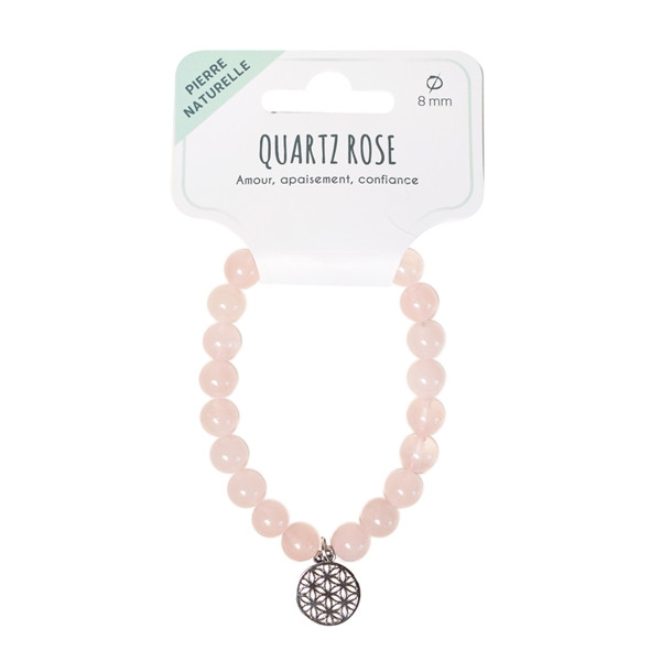 Bracelet Quartz rose perles rondes 8 mm et breloque Fleur de vie