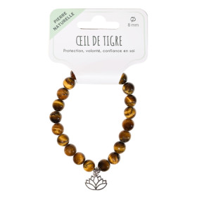 Bracelet Oeil de tigre perles rondes 8 mm et breloque Lotus