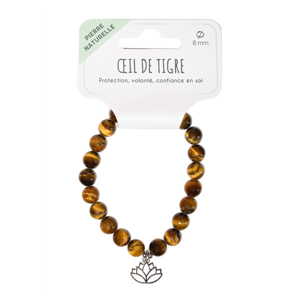 Bracelet Oeil de tigre perles rondes 8 mm et breloque Lotus