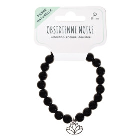 Bracelet Obsidienne noire perles rondes 8 mm et breloque Lotus