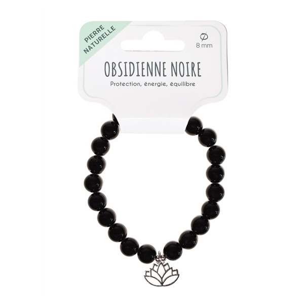 Bracelet Obsidienne noire perles rondes 8 mm et breloque Lotus