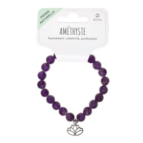 Bracelet Améthyste perles rondes 8 mm et breloque Lotus