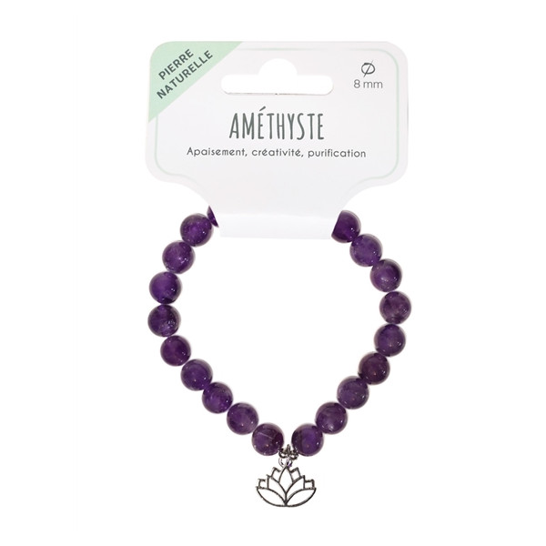 Bracelet Améthyste perles rondes 8 mm et breloque Lotus