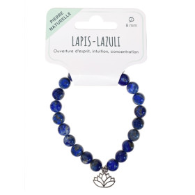 Bracelet Lapis-lazuli perles rondes 8 mm et breloque Lotus