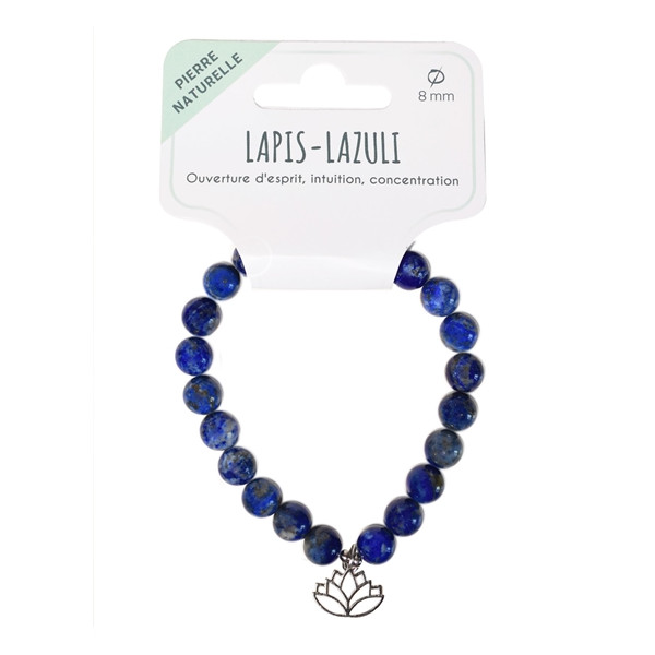Bracelet Lapis-lazuli perles rondes 8 mm et breloque Lotus