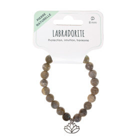 Bracelet Labradorite perles rondes 8 mm et breloque Lotus