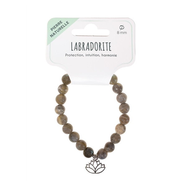 Bracelet Labradorite perles rondes 8 mm et breloque Lotus