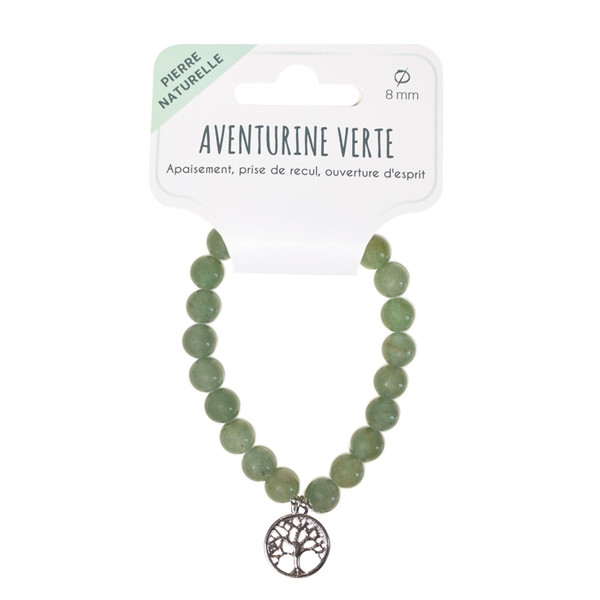 Bracelet Aventurine verte perles rondes 8 mm et breloque Arbre de vie