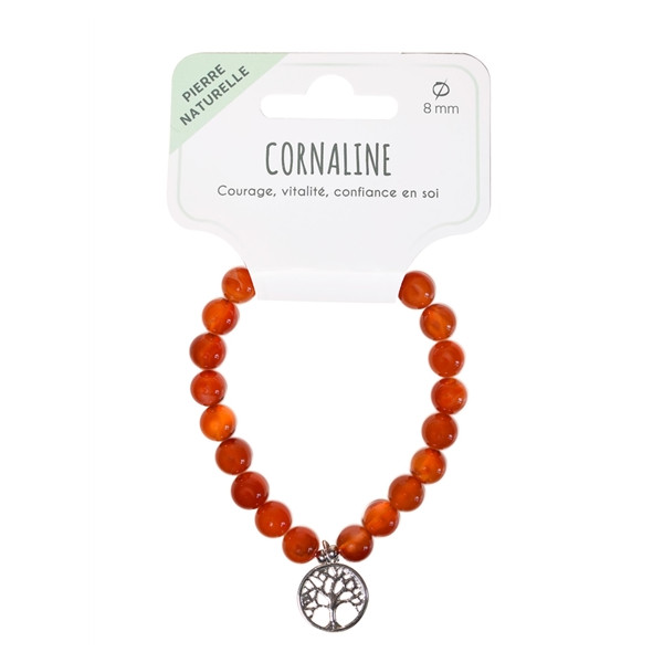Bracelet Cornaline perles rondes 8 mm et breloque Arbre de vie