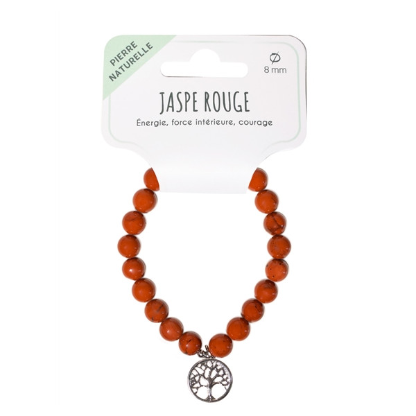 Bracelet Jaspe rouge perles rondes 8 mm et breloque Arbre de vie