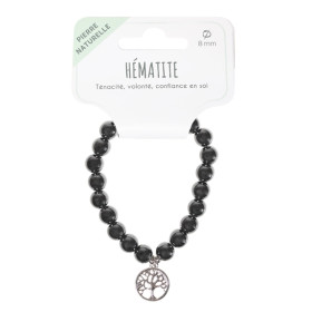 Bracelet Hématite perles rondes 8 mm et breloque Arbre de vie