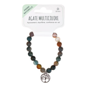 Bracelet Agate multicolore perles rondes 8 mm et breloque Arbre de vie
