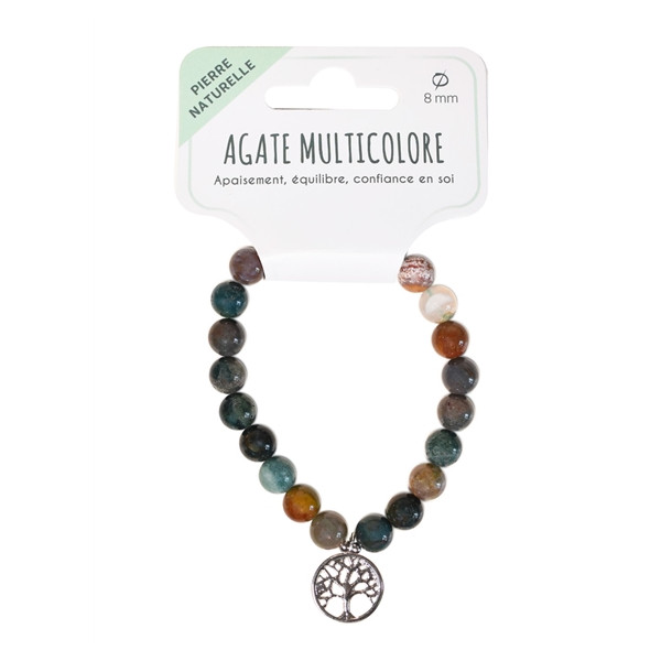 Bracelet Agate multicolore perles rondes 8 mm et breloque Arbre de vie