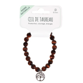 Bracelet Oeil de taureau perles rondes 8 mm et breloque Arbre de vie