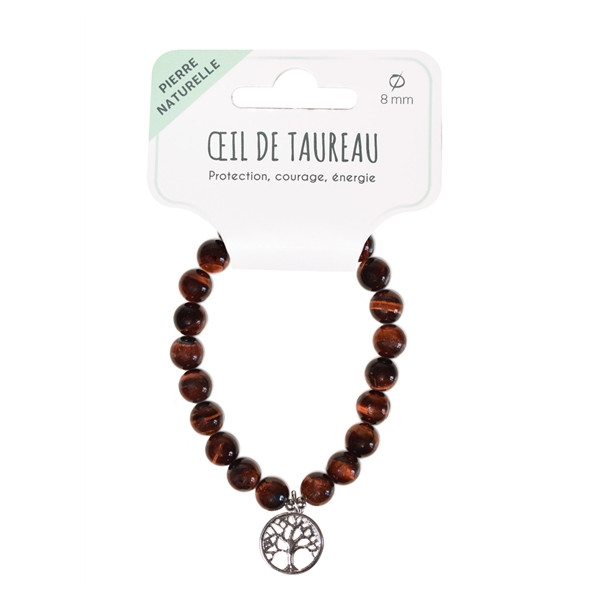 Bracelet Oeil de taureau perles rondes 8 mm et breloque Arbre de vie