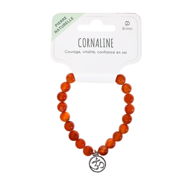 Bracelet Cornaline perles rondes 8 mm et breloque Om