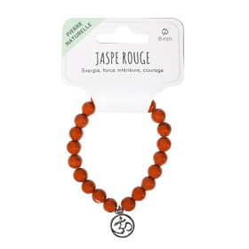 Bracelet Jaspe rouge perles rondes 8 mm et breloque Om