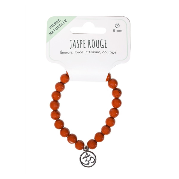 Bracelet Jaspe rouge perles rondes 8 mm et breloque Om