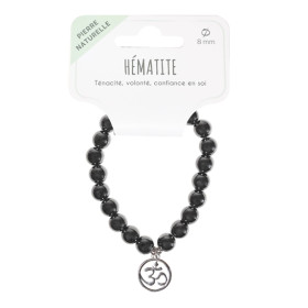 Bracelet Hématite perles rondes 8 mm et breloque Om