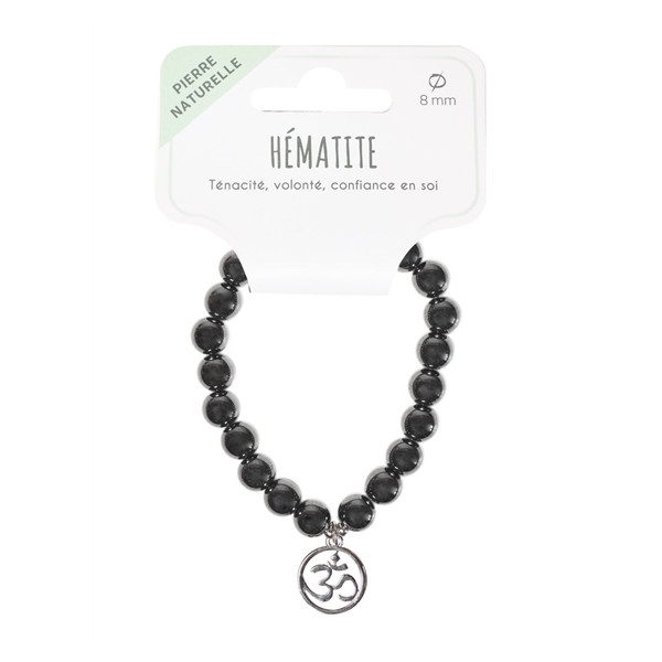 Bracelet Hématite perles rondes 8 mm et breloque Om