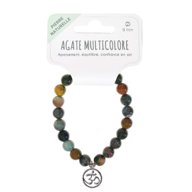 Bracelet Agate multicolore perles rondes 8 mm et breloque Om