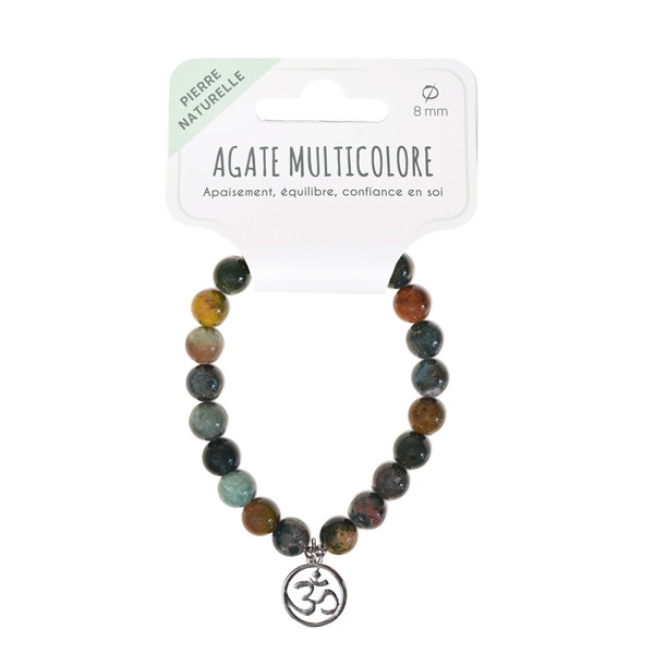 Bracelet Agate multicolore perles rondes 8 mm et breloque Om