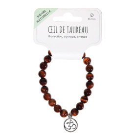 Bracelet Oeil de taureau perles rondes 8 mm et breloque Om