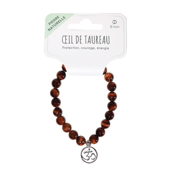 Bracelet Oeil de taureau perles rondes 8 mm et breloque Om