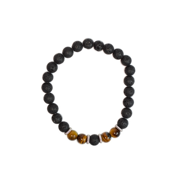 Bracelet perles rondes Oeil de tigre et Pierre de lave