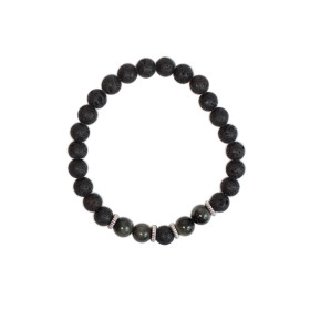 Bracelet perles rondes Oeil de faucon et Pierre de lave