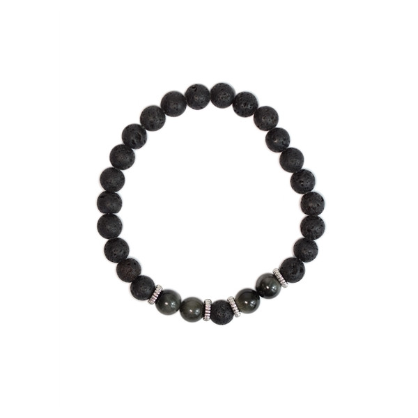 Bracelet perles rondes Oeil de faucon et Pierre de lave