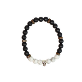 Bracelet perles rondes charms tête de mort Magnésite Obsidienne noire matte