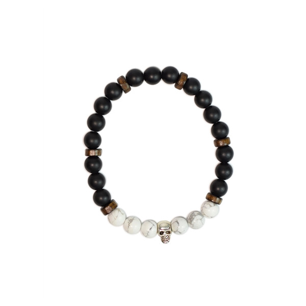 Bracelet perles rondes charms tête de mort Magnésite Obsidienne noire matte