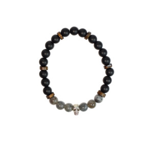 Bracelet perles rondes charms Tête de mort Labradorite Obsidienne noire matte