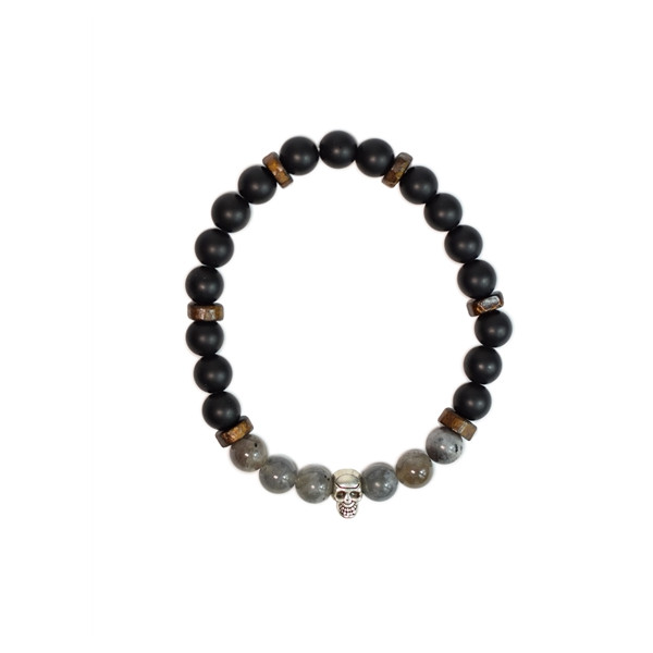 Bracelet perles rondes charms Tête de mort Labradorite Obsidienne noire matte