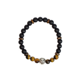 Bracelet perles rondes charms Tête de lion Oeil de tigre Obsidienne noire matte