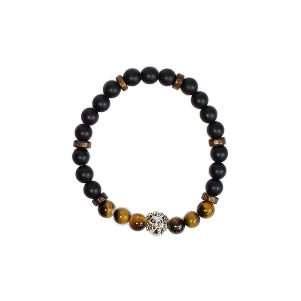 Bracelet perles rondes charms Tête de lion Oeil de tigre Obsidienne noire matte