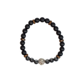 Bracelet perles rondes charms Tête de lion Hématite Obsidienne noire matte
