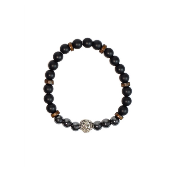 Bracelet perles rondes charms Tête de lion Hématite Obsidienne noire matte