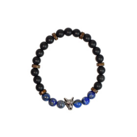 Bracelet perles rondes charms Tête de loup Lapis-lazuli Obsidienne noire matte