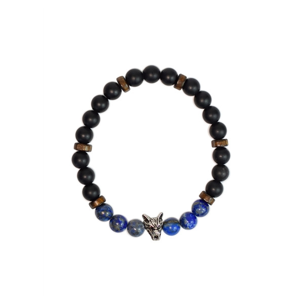Bracelet perles rondes charms Tête de loup Lapis-lazuli Obsidienne noire matte
