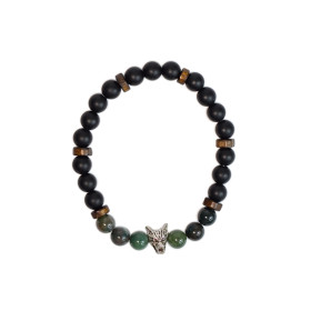 Bracelet perles rondes charms Tête de loup Agate mousse Obsidienne noire matte