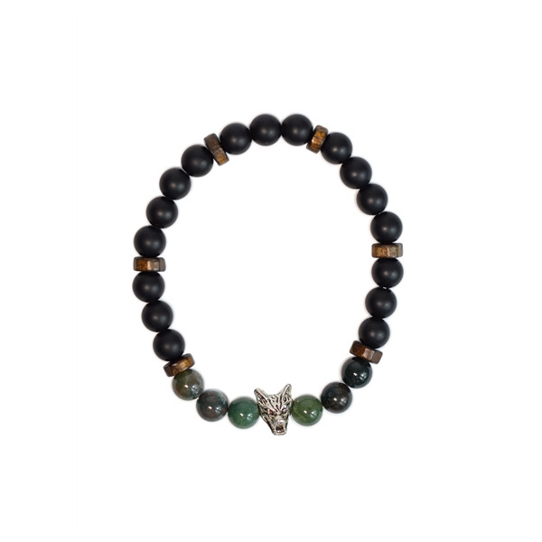 Bracelet perles rondes charms Tête de loup Agate mousse Obsidienne noire matte