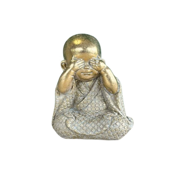 Statuette Moine de la Sagesse - Ne vois pas - 10 cm - Résine - Doré