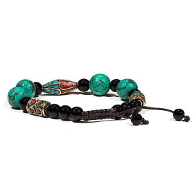 Bracelet turquoise corail et agate noir ajustable -- ±7cm