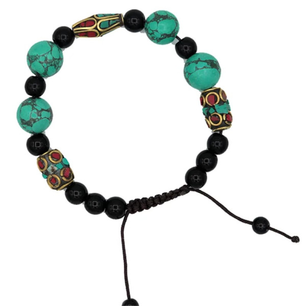 Bracelet turquoise corail et agate noir ajustable -- ±7cm